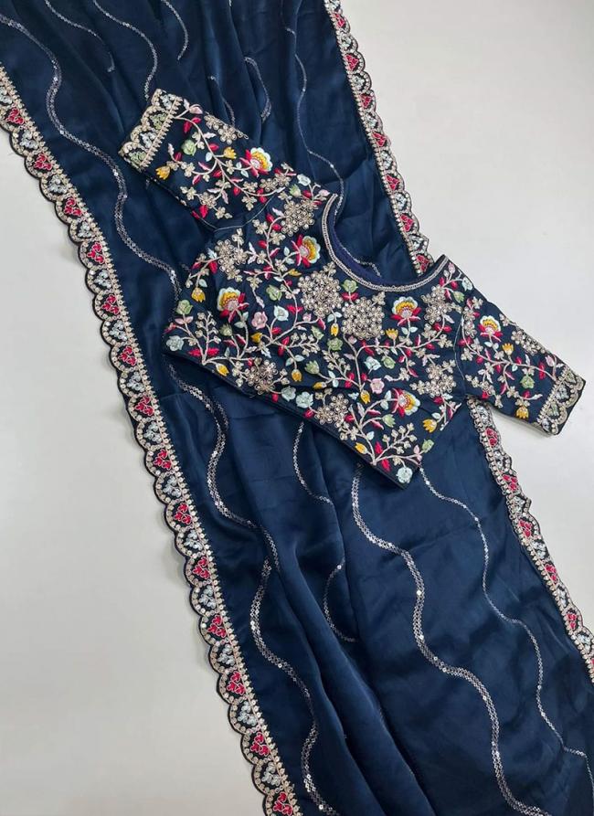 Chiffon Silk Blue Party Wear Embroidery Work Saree